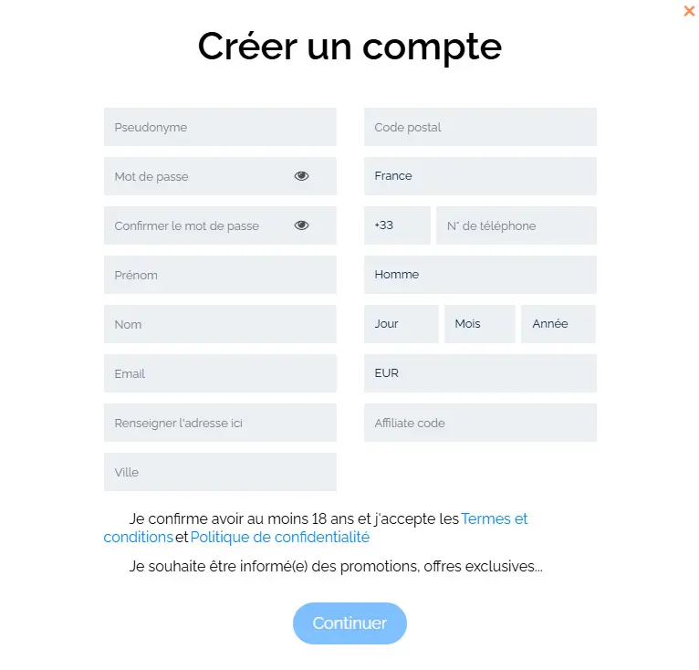 Processus d'inscription SPLIT ACES CASINO